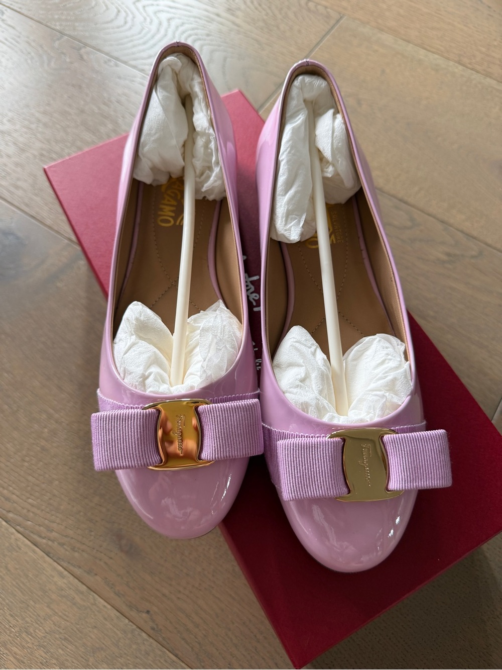 Salvatore Ferragamo Pink Patent Vara Bow Ballet Flats